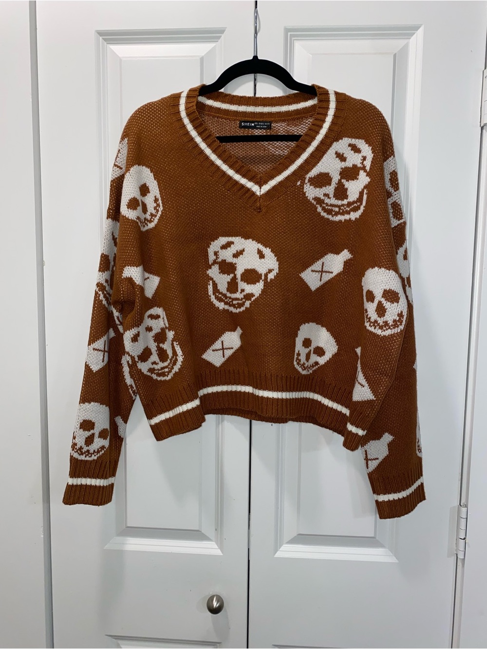SHEIN Brown V-Neck Skull Knit Sweater with White Accents